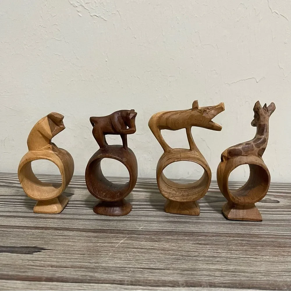 Wood Hand Carved Safari Animal Napkin Rings Monkey Giraffe Rustic Cabin Set of 4